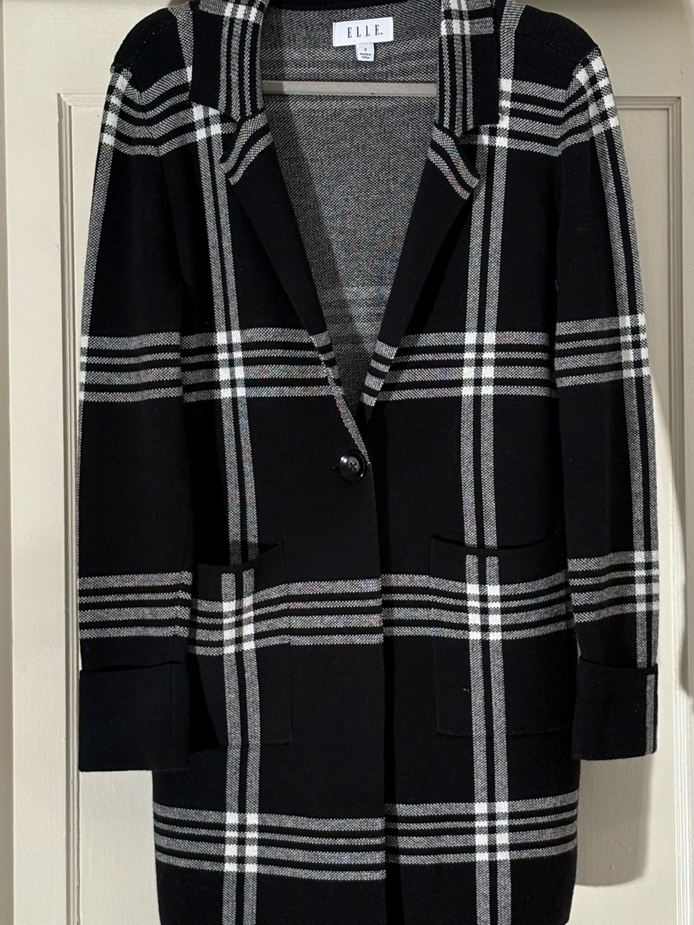 Elle Black Plaid Knit Blazer Coat with White and Gray Windowpane